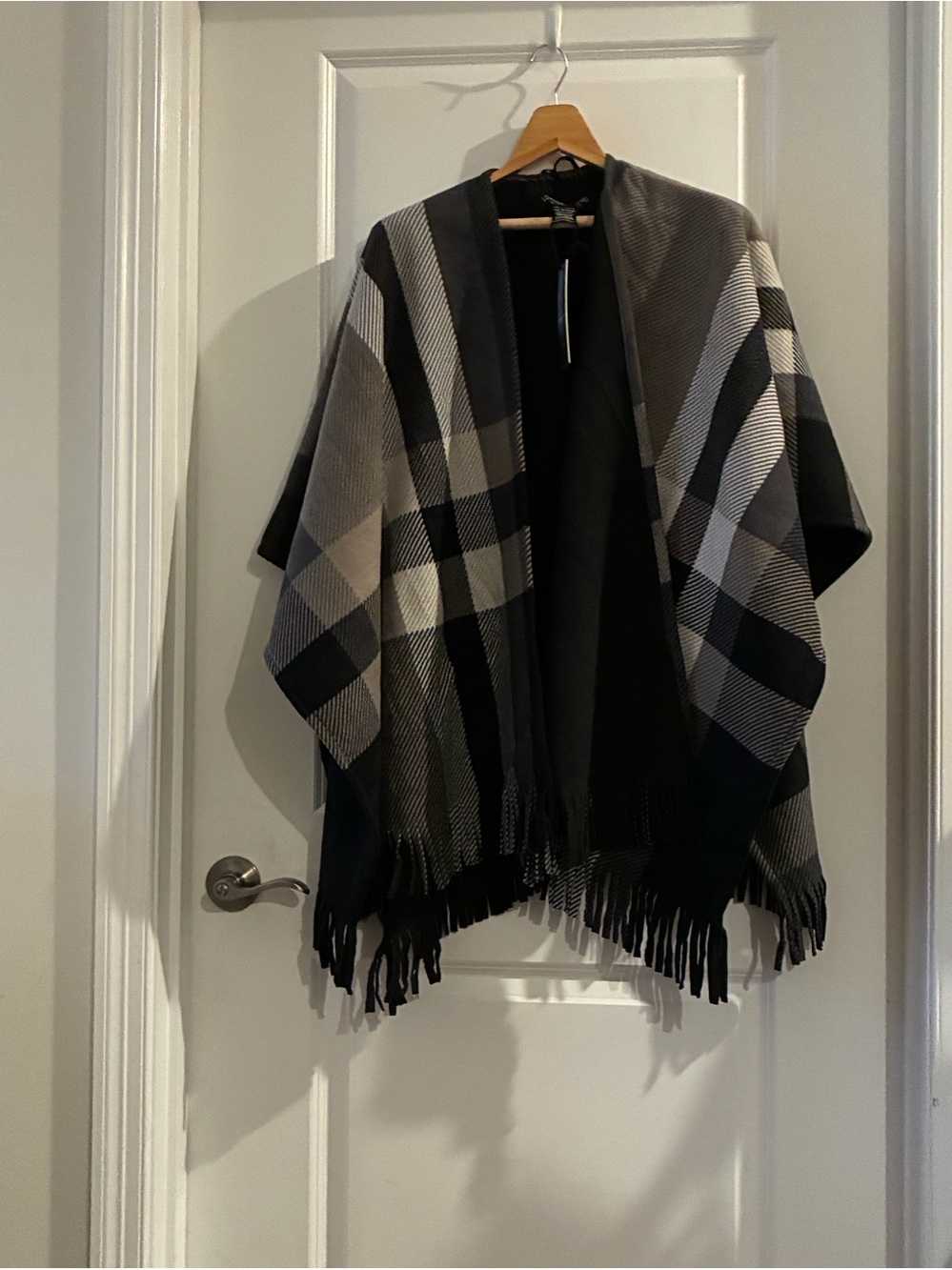 London Fog Collection Plaid Fringe Cape in Black & Gray NWT